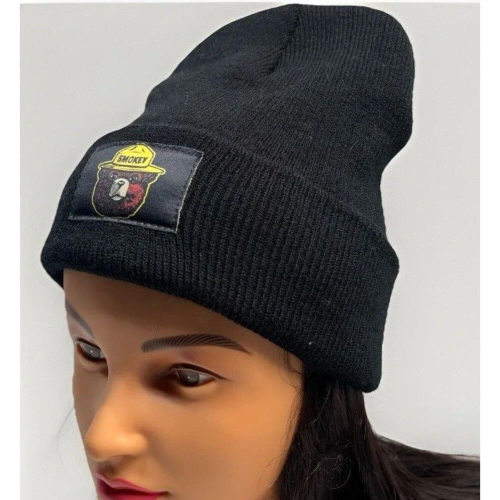 Smokey Bear Black Knit Beanie Hat Cuffed Winter Cap Forest Service Logo
